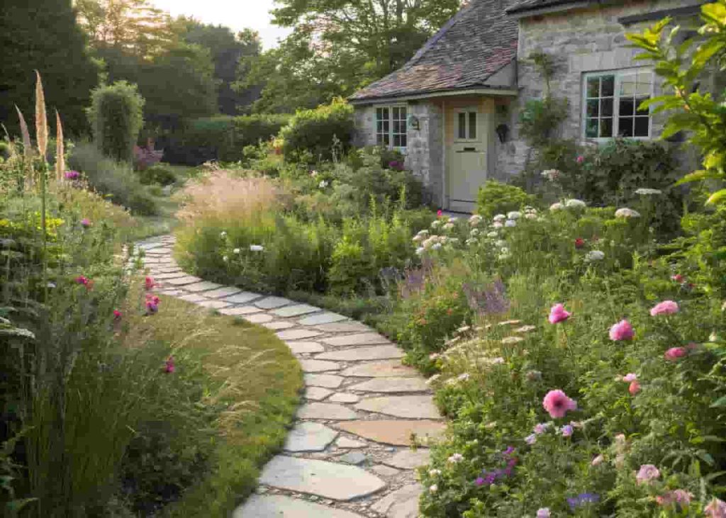 Curved stepping stone walkway through a colorful cottage garden leading to a front door