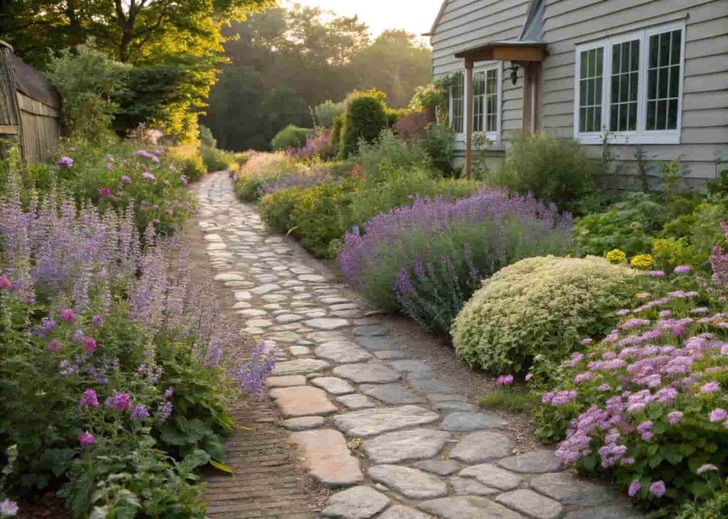 Tumbled cobblestone side house walkway with soft cottage planting spilling over edges