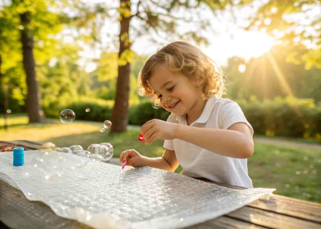 Preschooler popping bubble wrap as targeted fine motor activity in summer