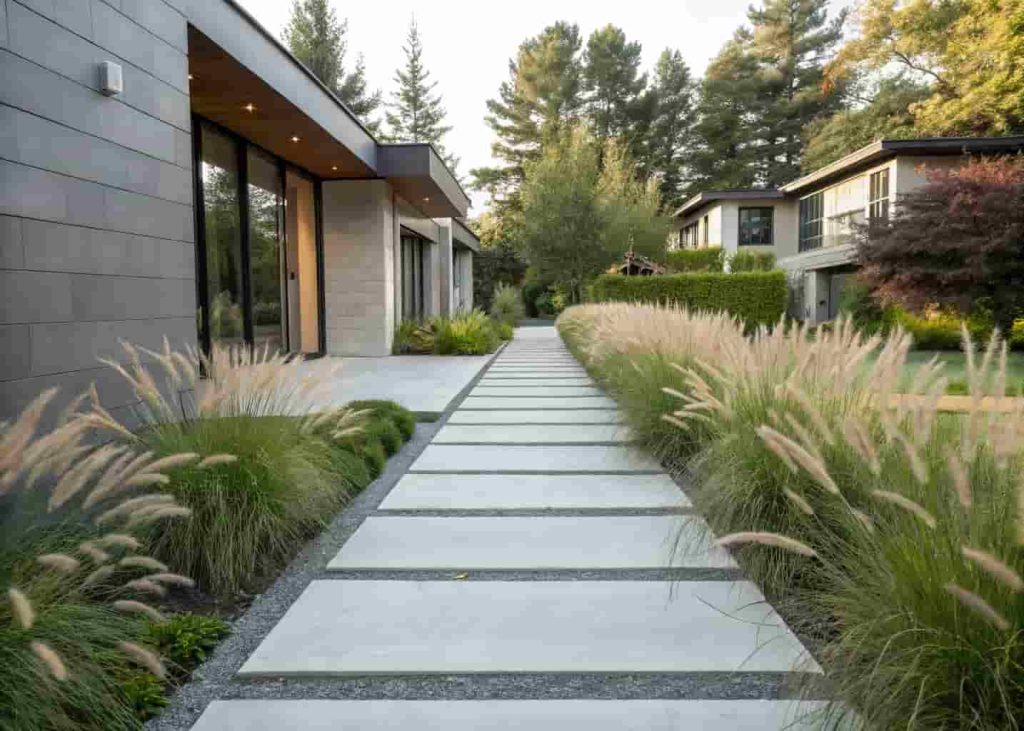 Modern concrete paver walkway with ornamental grasses in a contemporary front yard