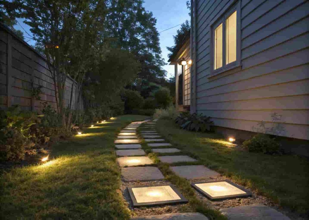 Solar-lit stepping stones glowing at dusk along a narrow side house walkway