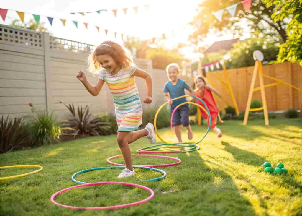Children doing backyard obstacle course activity in summer