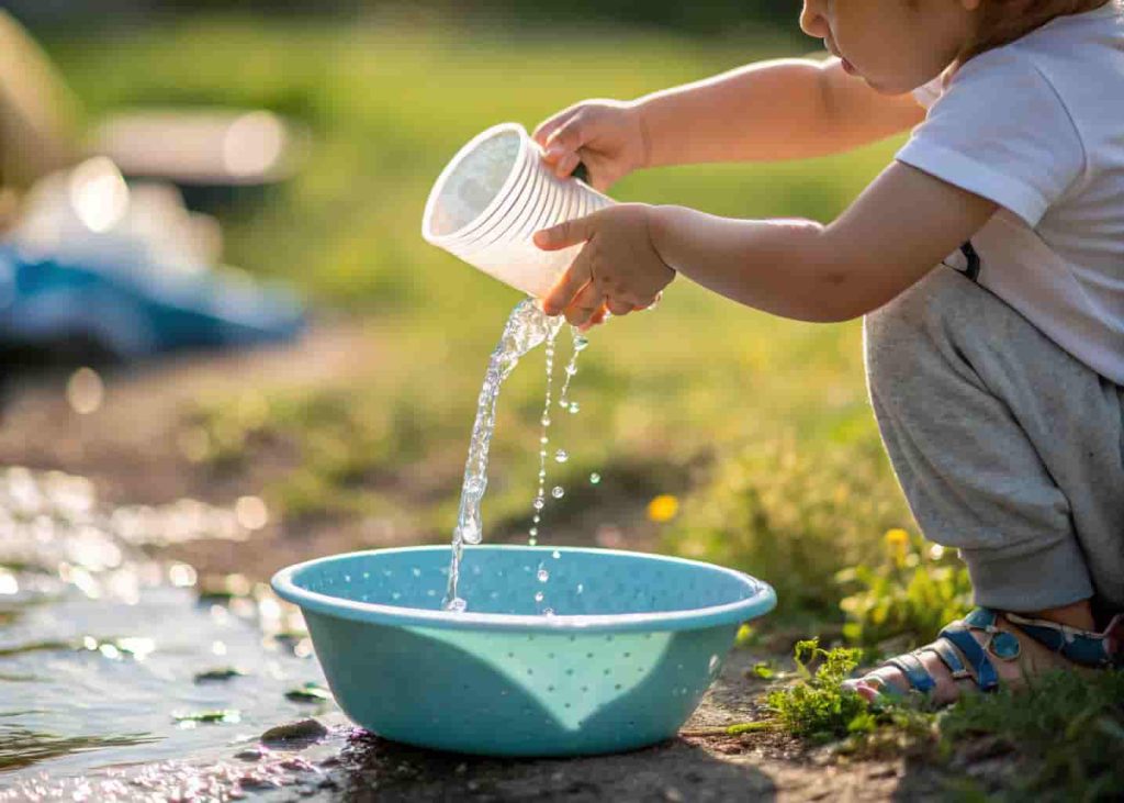 Toddler pouring water between cups during a summer sensory activity