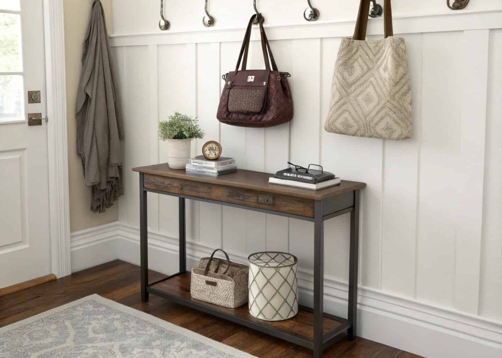 Console table styled with a tray and wall hooks for organizing bags