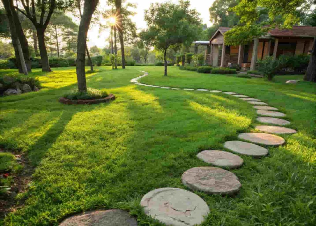 Round stepping stones set into a green lawn as a front yard walkway