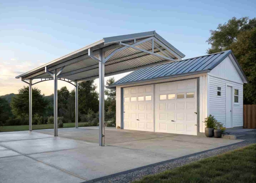 Freestanding steel carport with metal roof parked in front of a residential garage door
