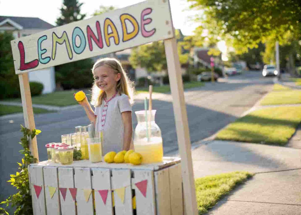 Young girl running a lemonade stand in the neighborhood during summer