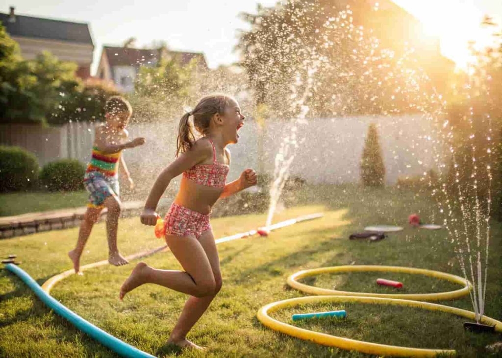 children playing in a DIY backyard water obstacle course with sprinklers and pool noodles