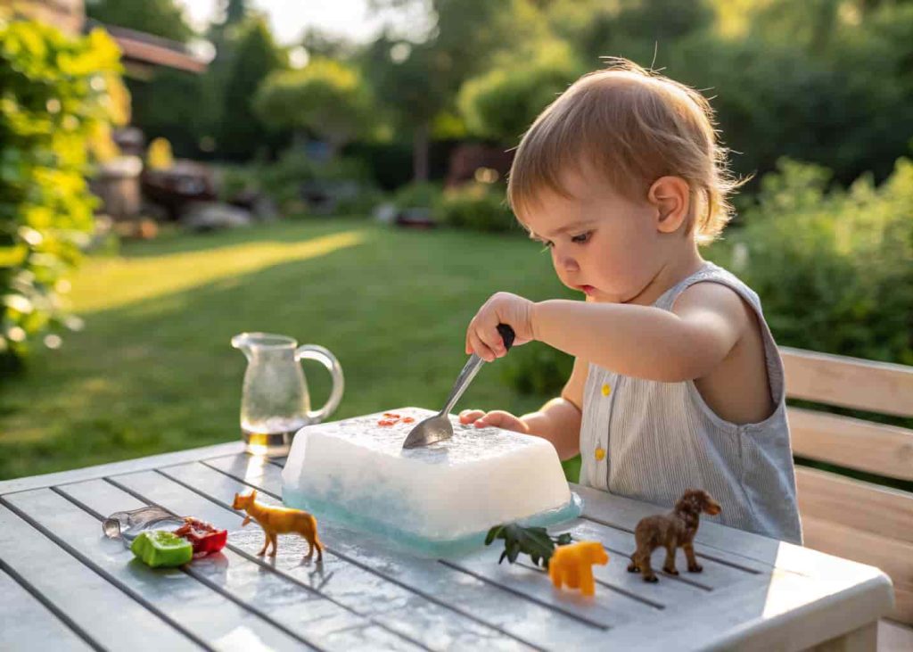 Toddler excavating frozen toys from ice block as a summer sensory activity