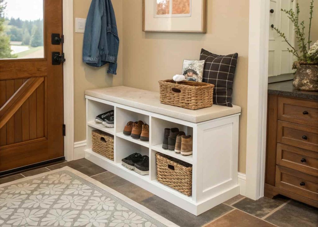 Console table with bench seat and shoe storage in small entryway
