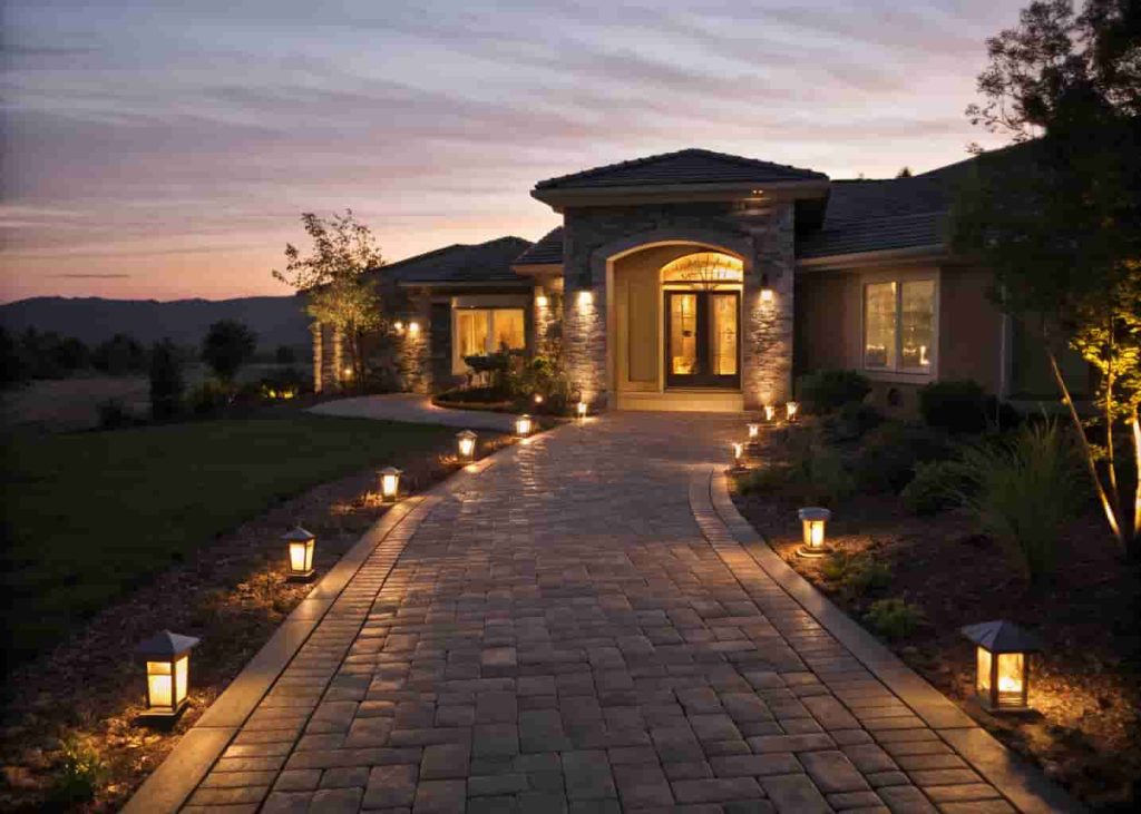 Paver walkway with solar path lights glowing softly at dusk leading to front door
