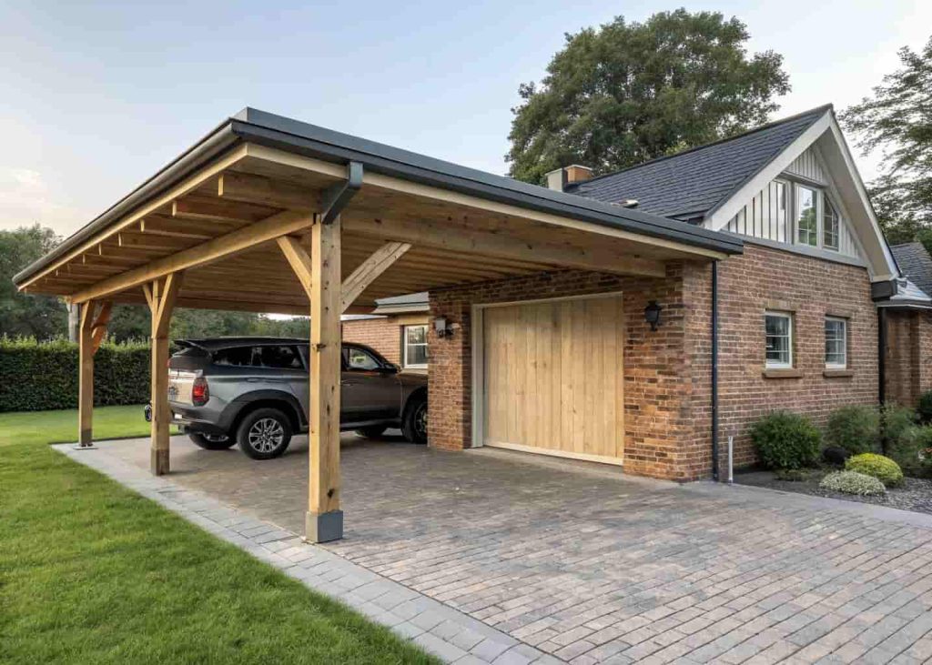 Lean-to carport attached to the front of a brick garage with a truck parked underneath