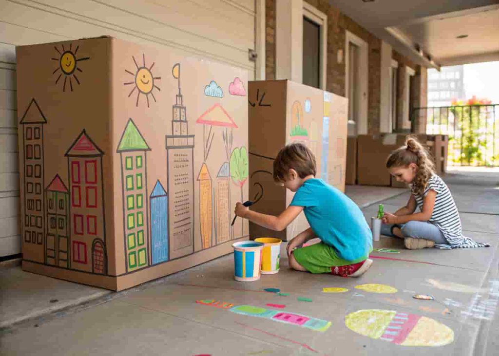 Kids building and decorating a cardboard city during summer vacation
