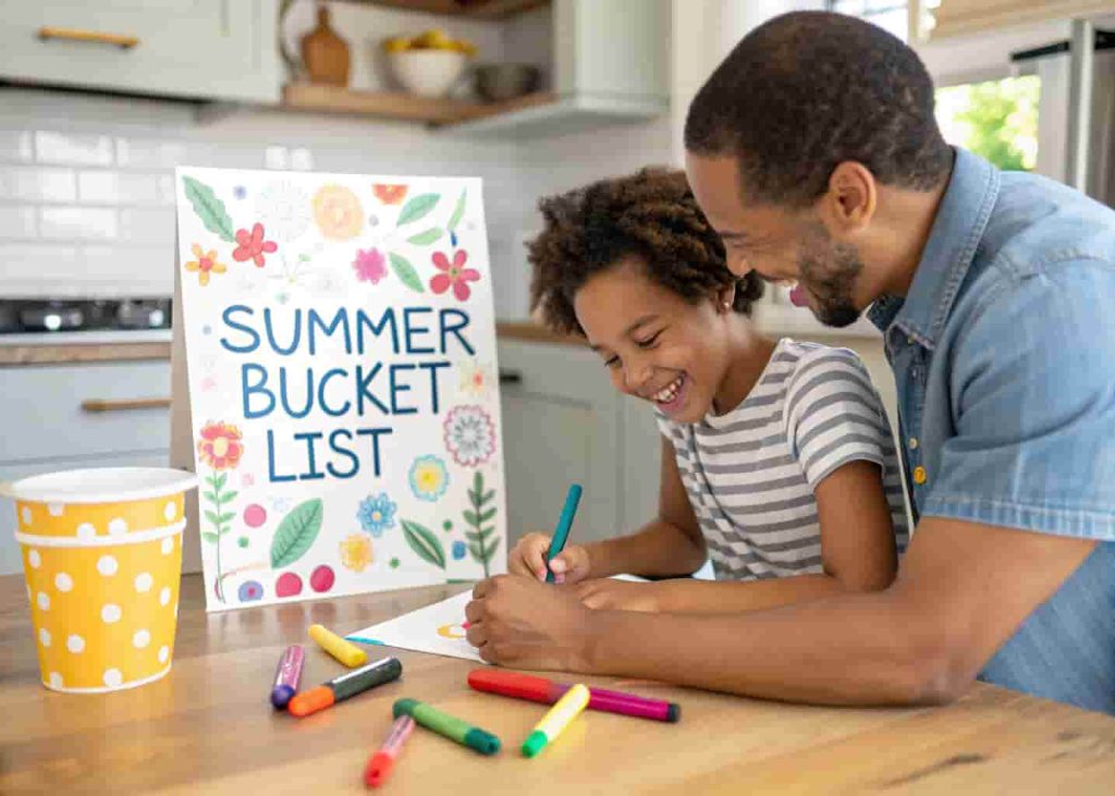 mom and child making a summer bucket list poster together with colorful markers