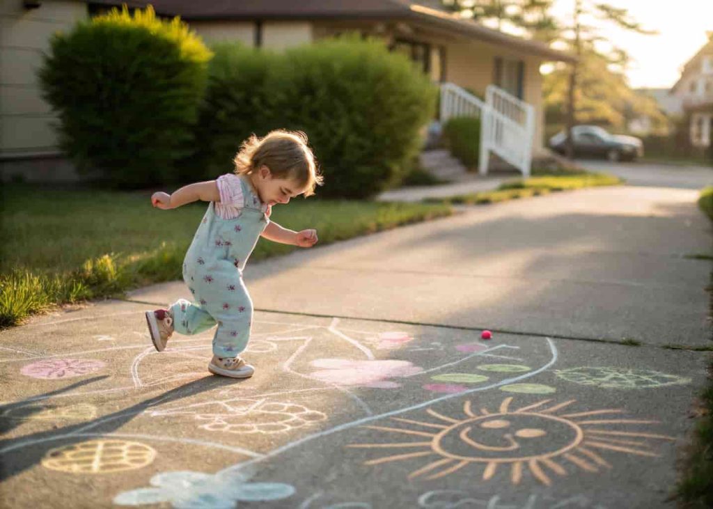 Toddler playing chalk obstacle course game on driveway in summe
