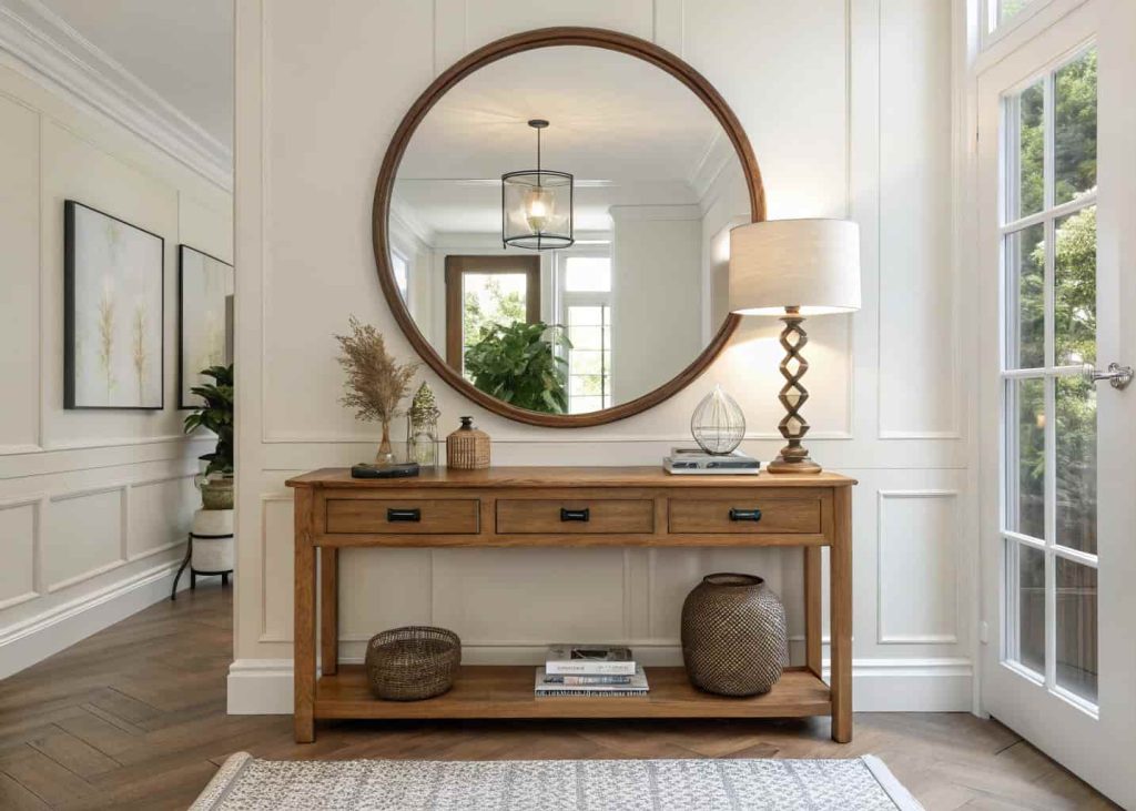 Mirror above console table creating a bright and open entryway