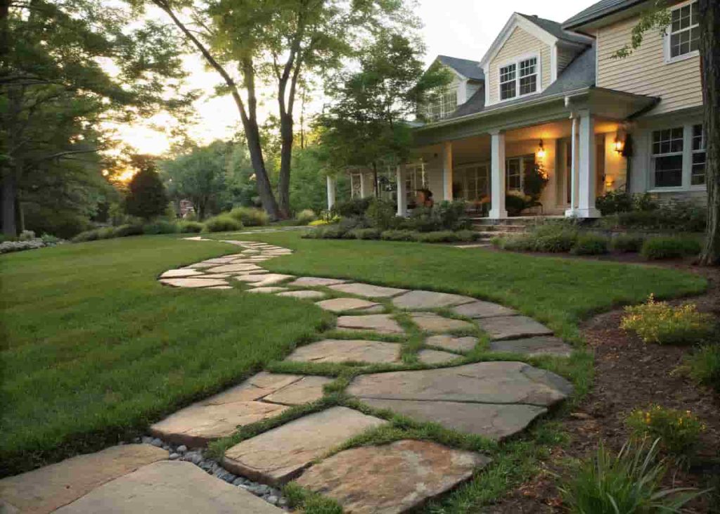 Natural flagstone stepping stones set in green grass leading to a front porch
