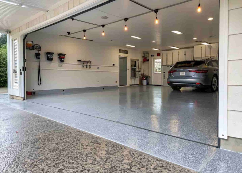 Shiny gray epoxy-coated garage floor with flake finish under bright shop lighting