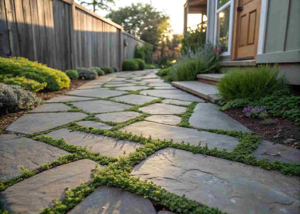 Flagstone walkway with creeping thyme growing between pavers in a side yard