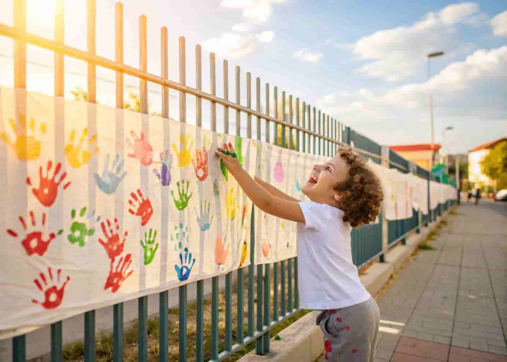 Preschooler making handprint and footprint mural as summer creative art activity