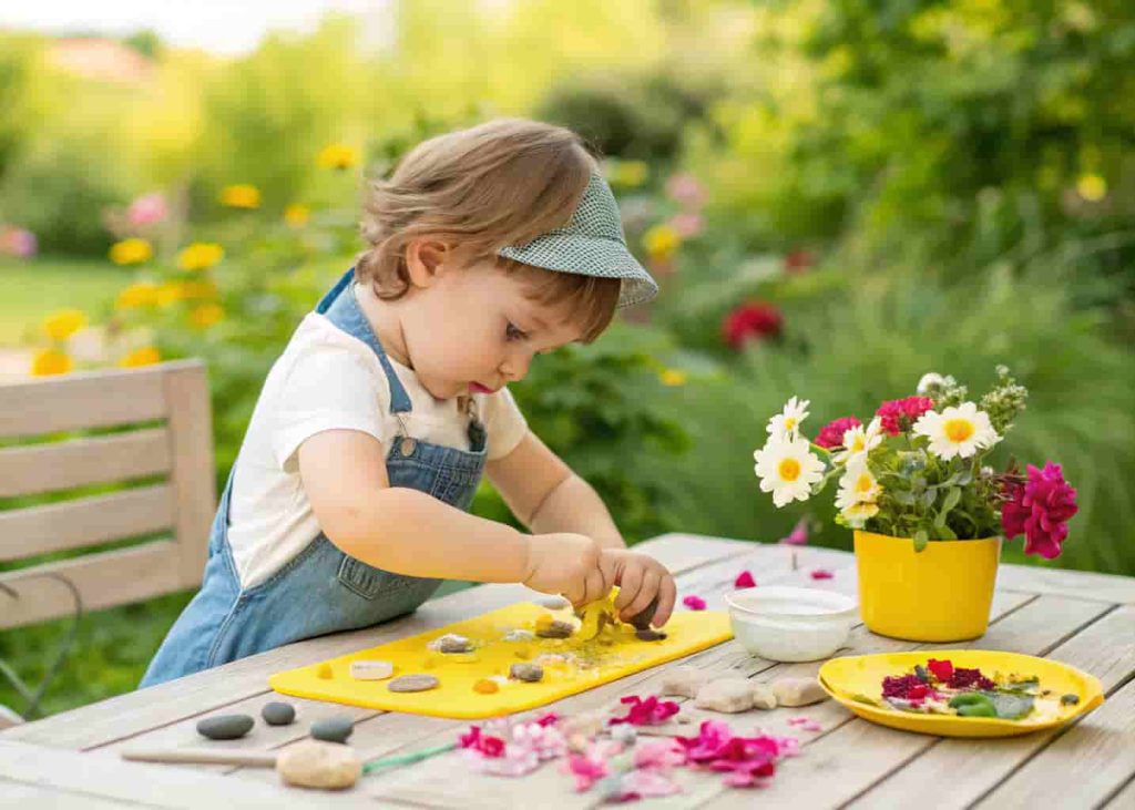 Preschooler using nature items with playdough in summer fine motor play