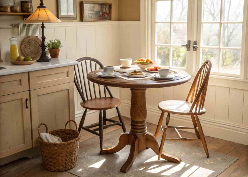Round vintage pedestal table in a small kitchen breakfast nook