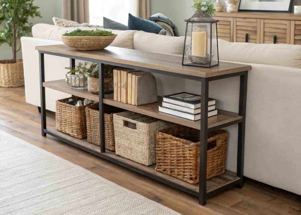 A living room console table with open shelving holding woven baskets, stacked books, and a small plant, placed behind a sofa