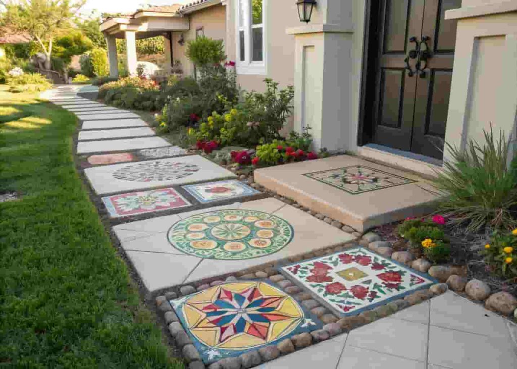 Decorative mosaic tile stepping stones along a front yard walkway with colorful patterns