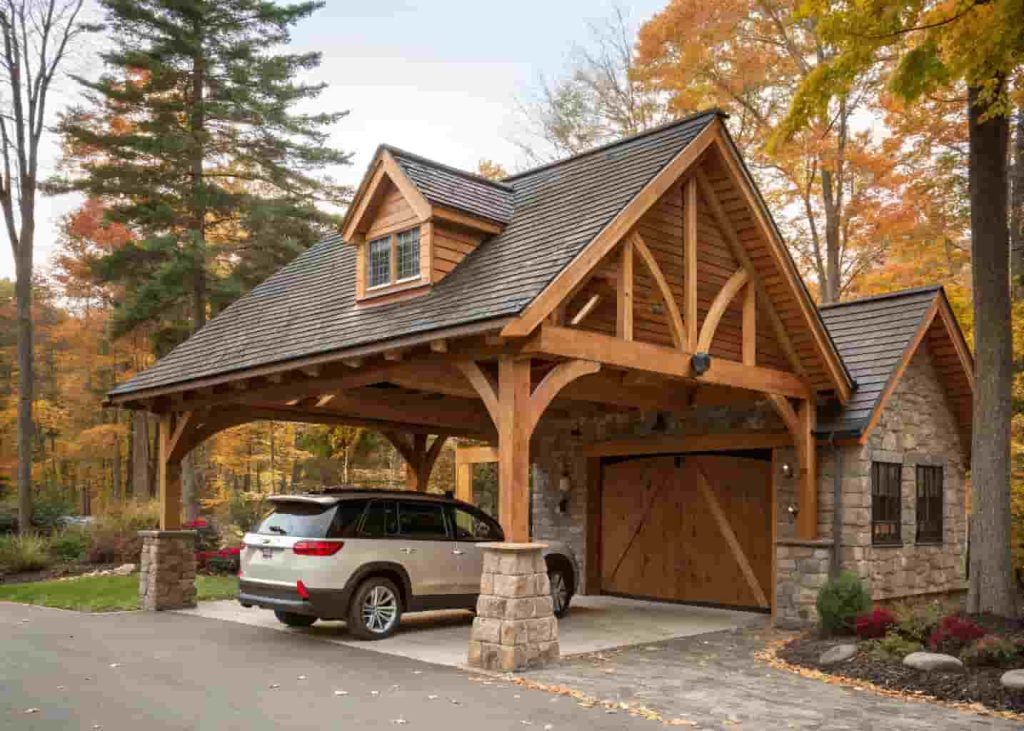 Timber frame wooden carport in front of a traditional garage with a vehicle parked underneath