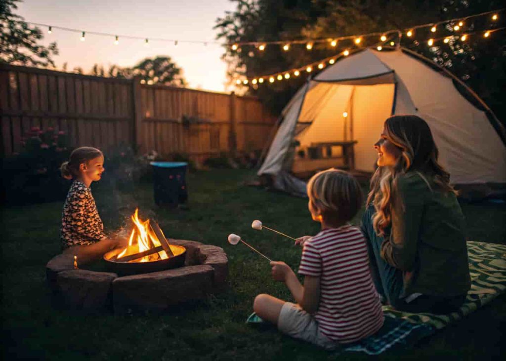 Family camping in backyard at night during summer with kids