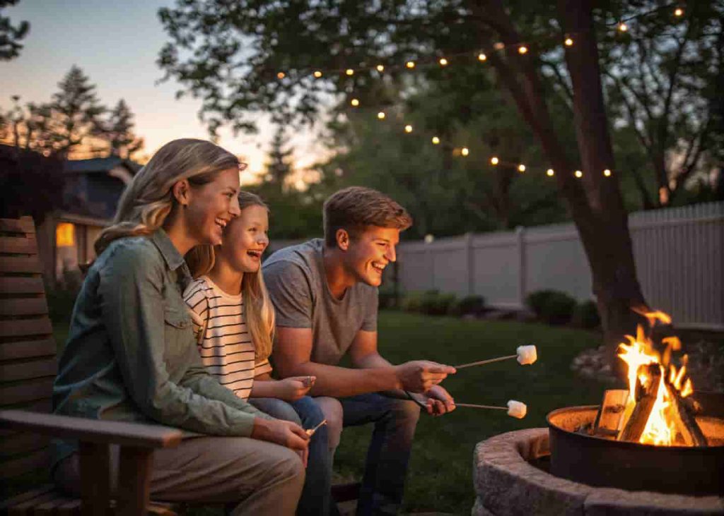 family roasting marshmallows over a backyard firepit on a summer evening