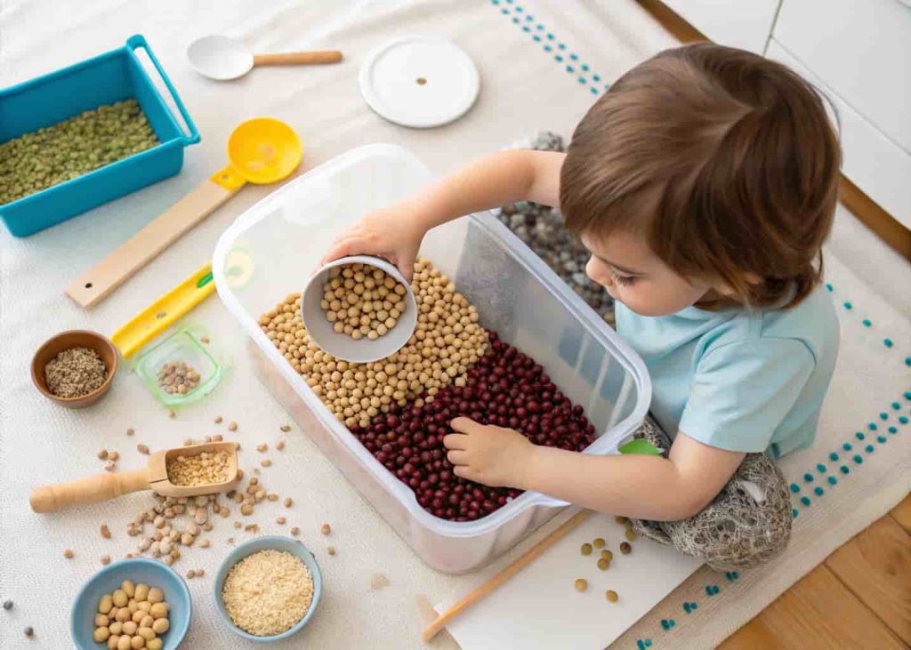 Toddler exploring kitchen tool sensory bin filled with dried beans
