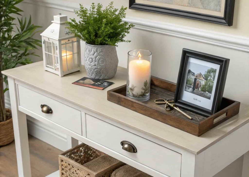 Decorative console table styling with plant and candle in entryway