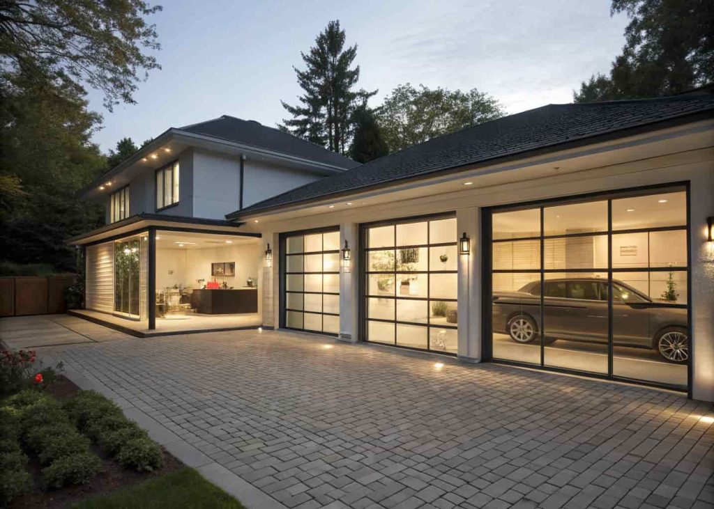 A modern detached garage featuring full-view glass panel doors with black aluminum frames, illuminated interior visible through the transparent panels at dusk