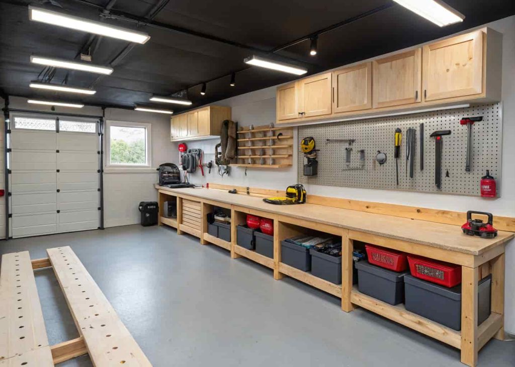 An organized garage workshop with custom-built workbenches, pegboard tool storage, and bright overhead lighting on a polished epoxy floor