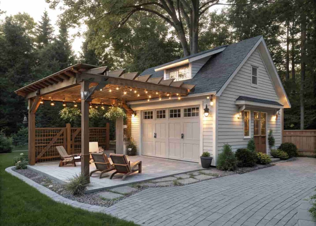 A detached garage with a wraparound covered porch featuring a wooden pergola, string lights, and outdoor seating set in a green backyard garden