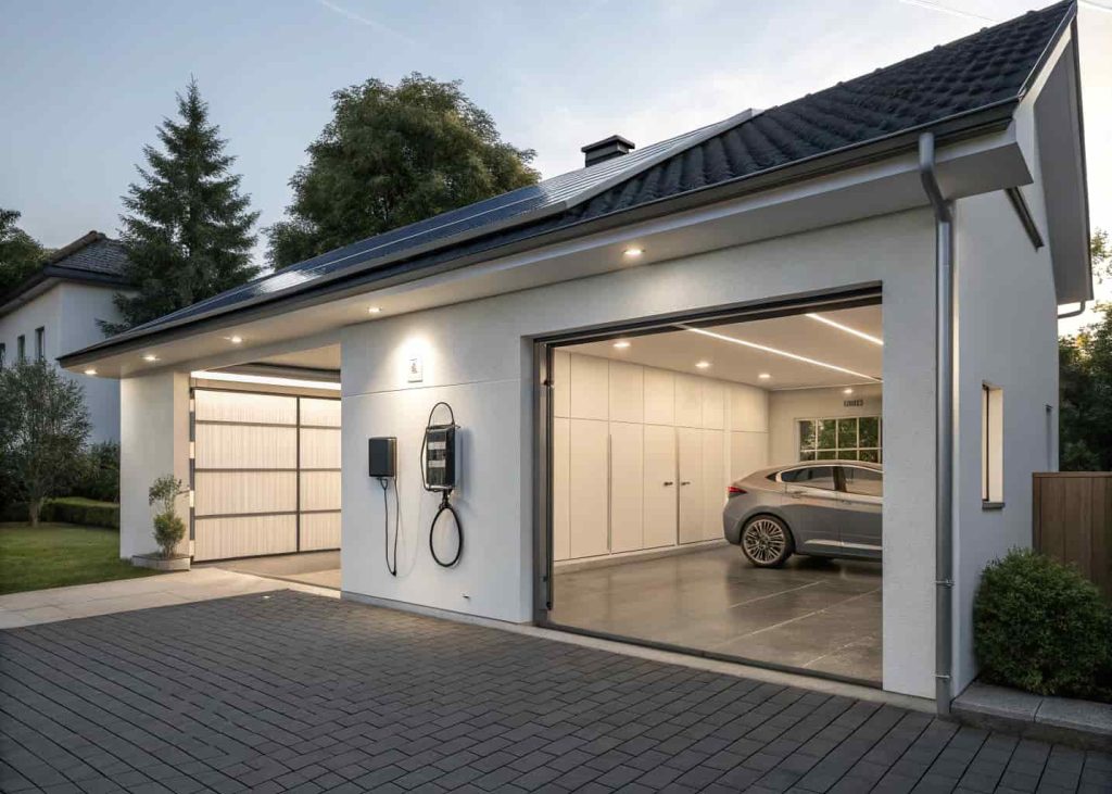 A modern EV-ready smart garage featuring a wall-mounted Level 2 charging station, LED lighting, and solar panels on the roof