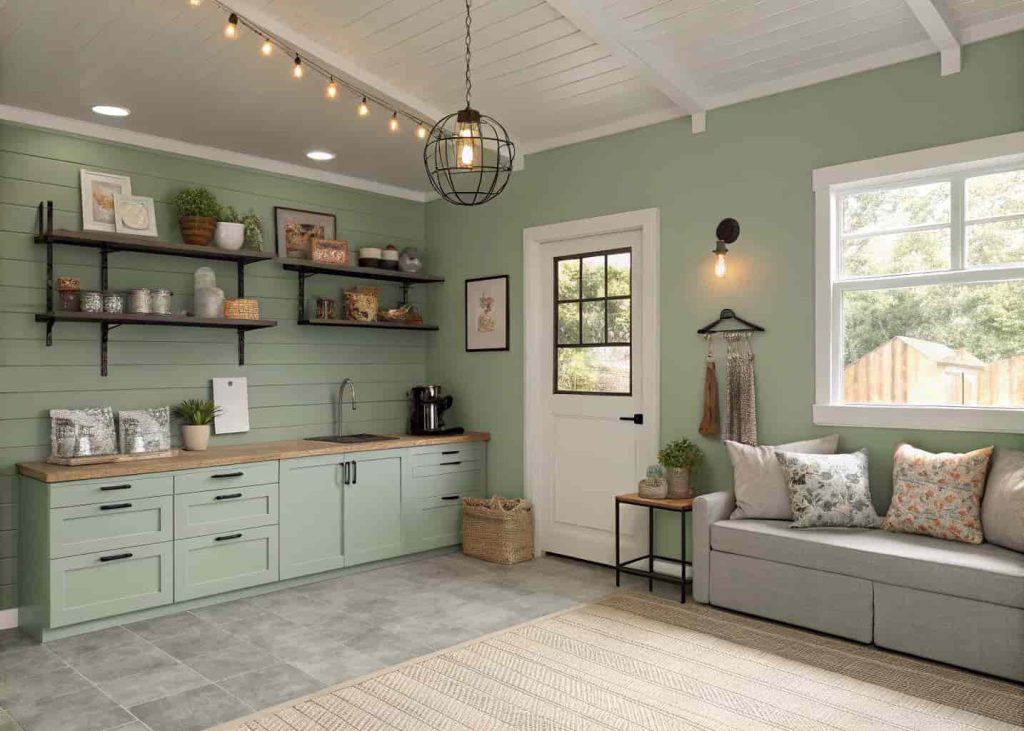 A stylishly decorated she-garage with sage green walls, open shelving, warm pendant lighting, and a cozy reading nook in the corner