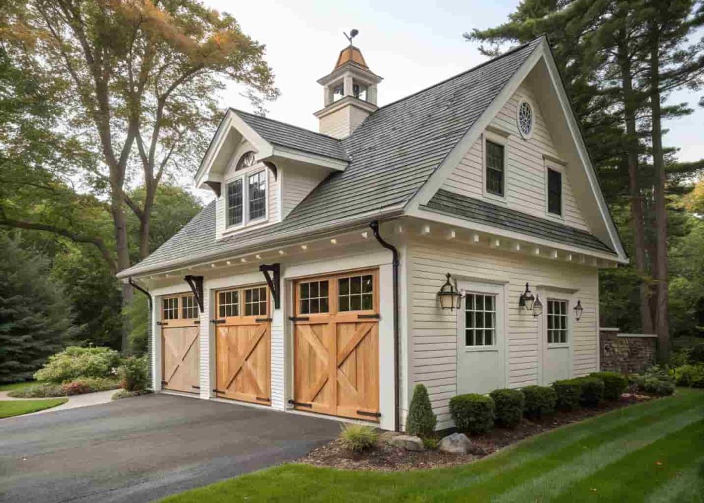 A classic carriage house detached garage with crossbuck-panel doors, decorative iron hardware, and a gabled roofline topped with a traditional cupola