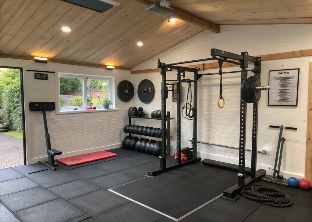 A converted detached garage home gym with rubber flooring, wall mirrors, a squat rack, free weights, and organized fitness equipment