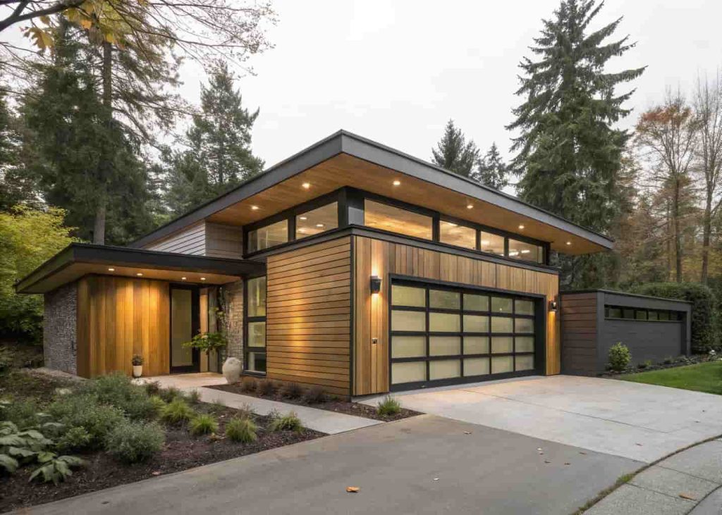 A mid-century modern detached garage with horizontal wood siding, a low-pitched roofline, large geometric windows, and an earthy olive and charcoal color palette