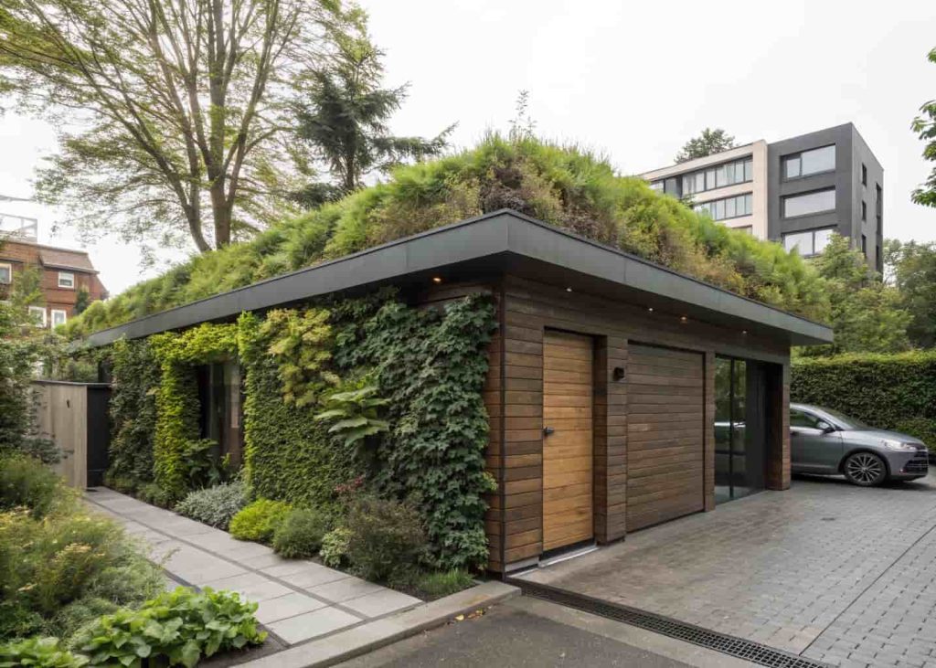 An eco-friendly detached garage with a sedum green roof and a dense vertical living wall covering its exterior facade in an urban garden setting