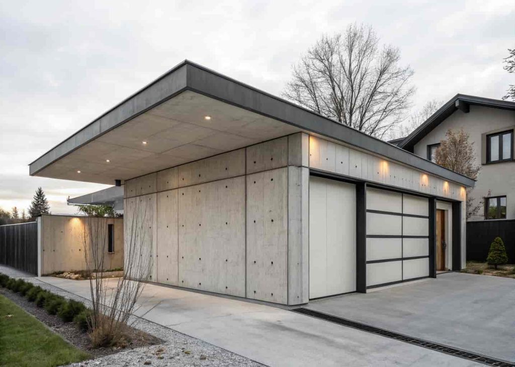A minimalist detached garage with exposed board-formed concrete walls, steel accents, a flat roof with deep overhangs, and a single horizontal strip window
