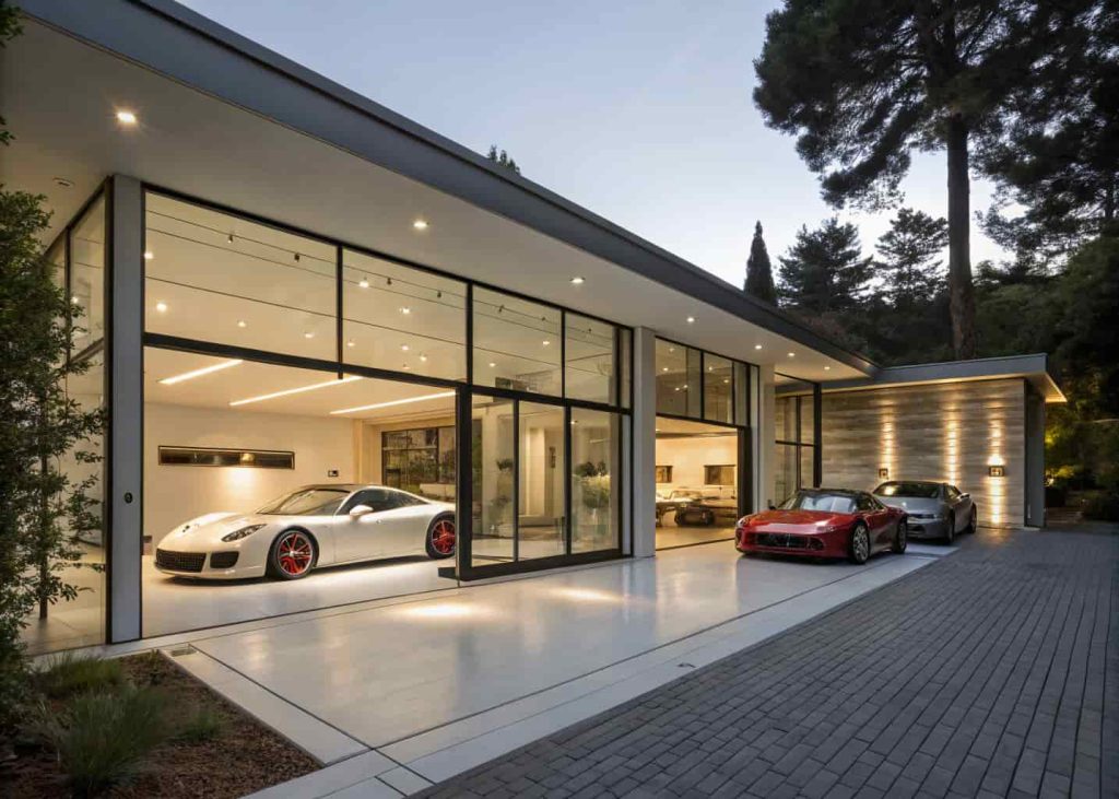 A luxury home garage with full glass walls displaying multiple sports cars inside, illuminated by LED lighting at night.