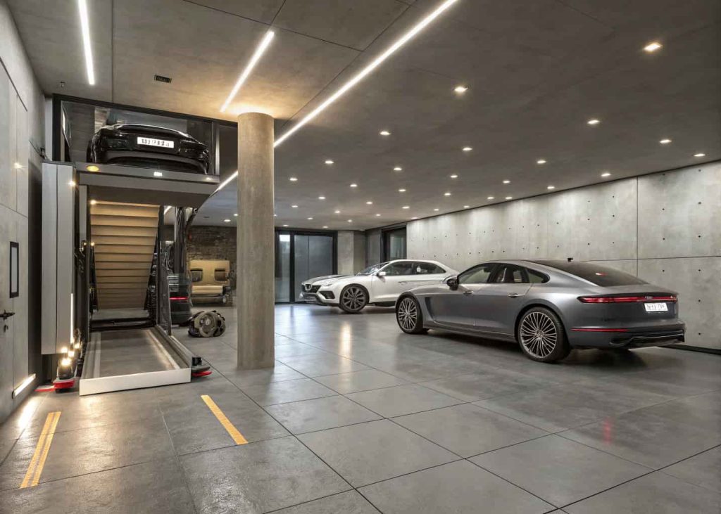 An underground car vault with polished floors, recessed lighting, and luxury vehicles on a hydraulic lift system.