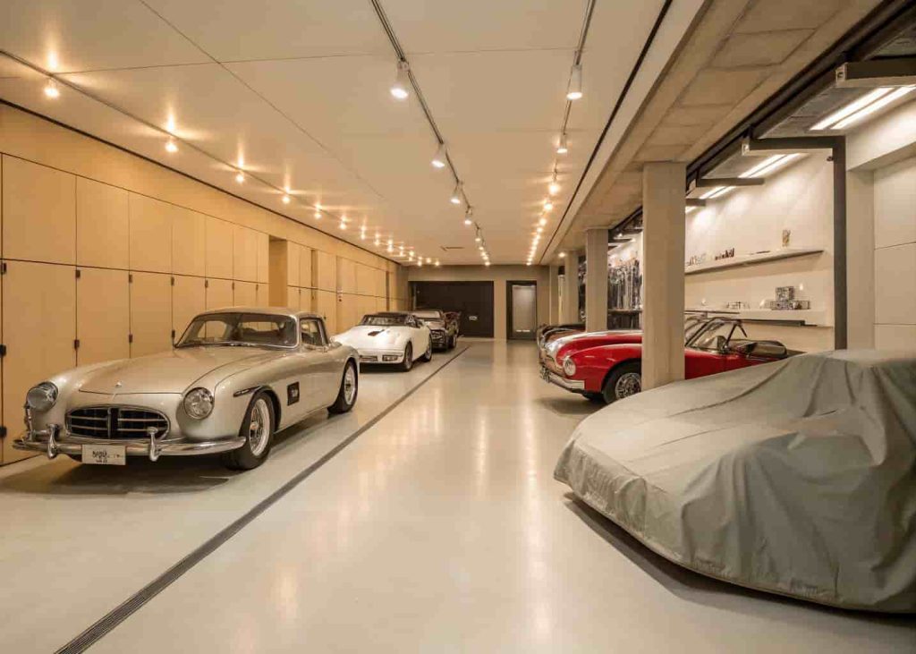 A climate-controlled garage with warm museum-style lighting, collector cars under padded covers on sealed floors