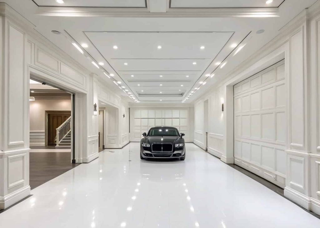 A minimalist white cube garage with seamless floors, recessed lighting, and a single dark luxury car displayed like a sculpture.