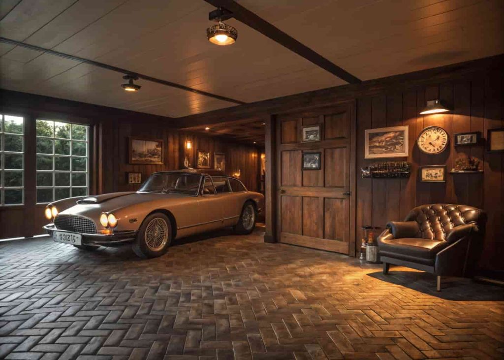 A warm wood-paneled gentleman's garage with leather seating, amber lighting, vintage memorabilia, and a classic car on a herringbone brick floor.