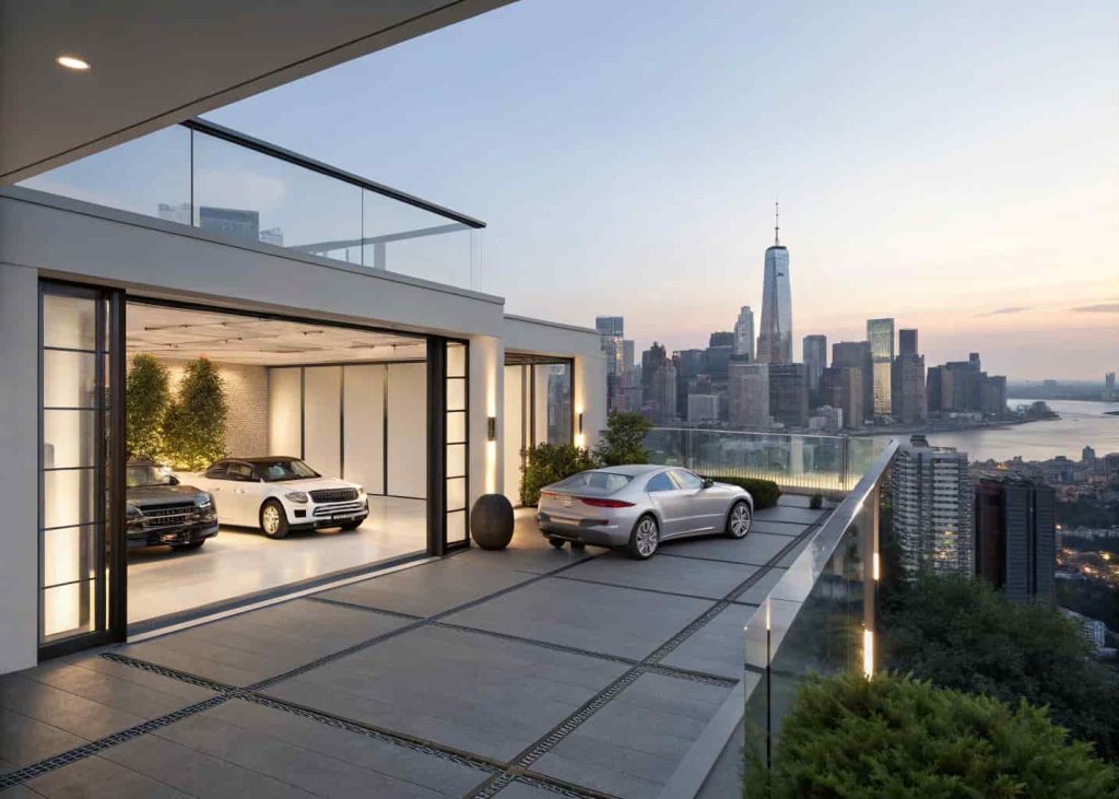 A rooftop luxury garage with open glass walls overlooking a city skyline, luxury cars parked beside a rooftop terrace.