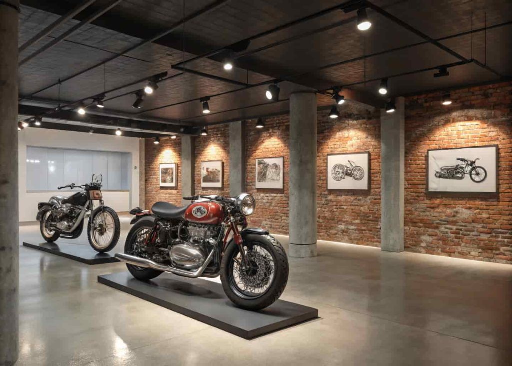 A motorcycle gallery garage with vintage bikes displayed on wall mounts and stands under individual spotlights, exposed brick walls and concrete floors
